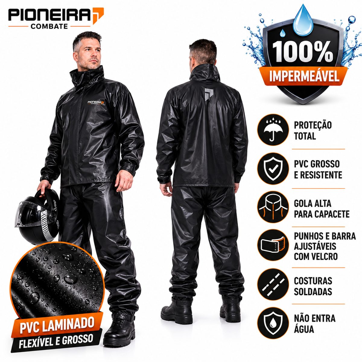 Capa de chuva Pioneira Combate: jaqueta e calça, 100% impermeável