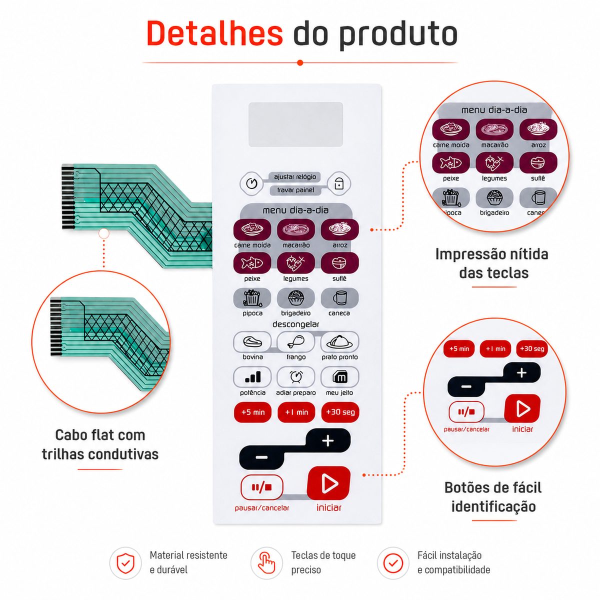 Detalhes do produto: cabo flat, impressão nítida e botões